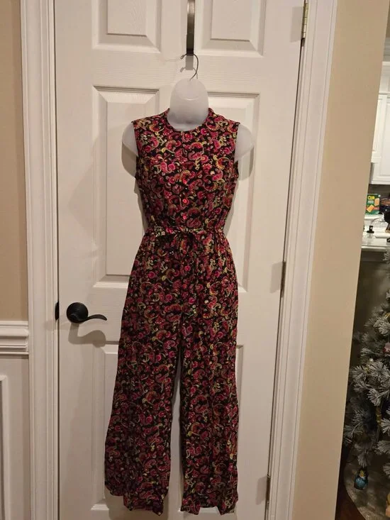 Vintage 1960s Pink & Green Paisley Sleeveless Jumpsuit Size Small - Picture 2 of 13